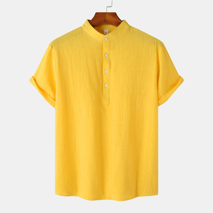 Summer Mens Cotton and Linen Standing Collar Casual Short Sleeved Shirt Beach T Shirt Shirt Mens Clothing