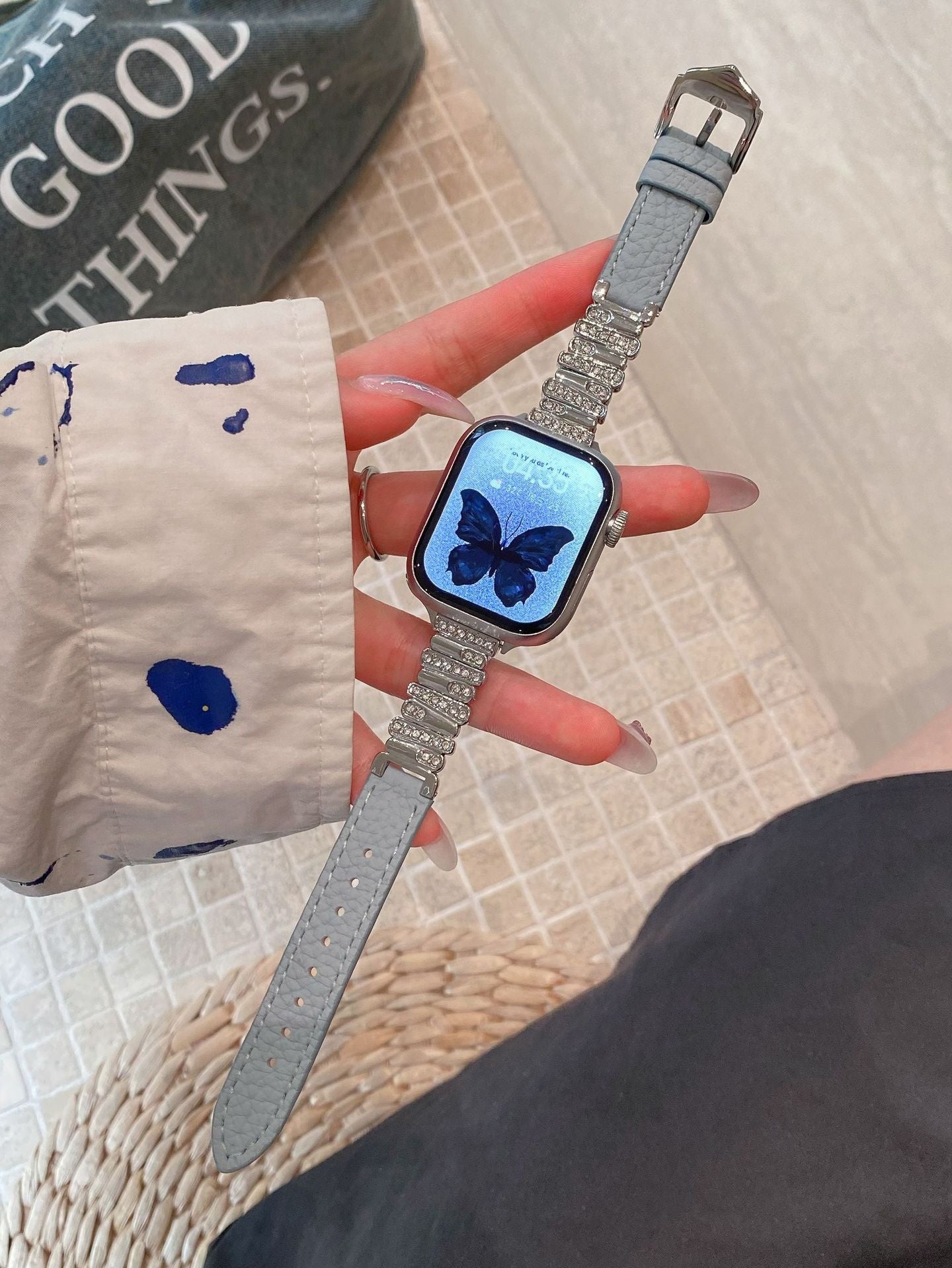 Irregular Rhinestone Embellished Leather Strap for Apple Watch 4/5/6/7/8/9/S10 Watch Band Apple Watch Band