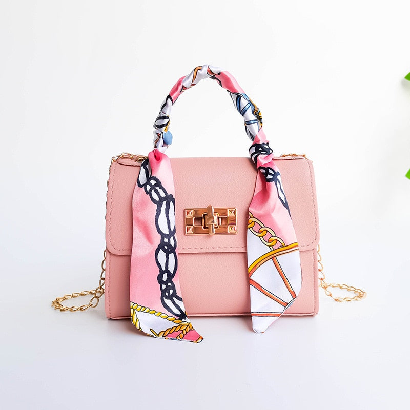 Women Bag New Silk Scarf Lock Chain Square Small Casual Mobile Phone Bag Purses Handbags Luxury Designer Crossbody Side Purse