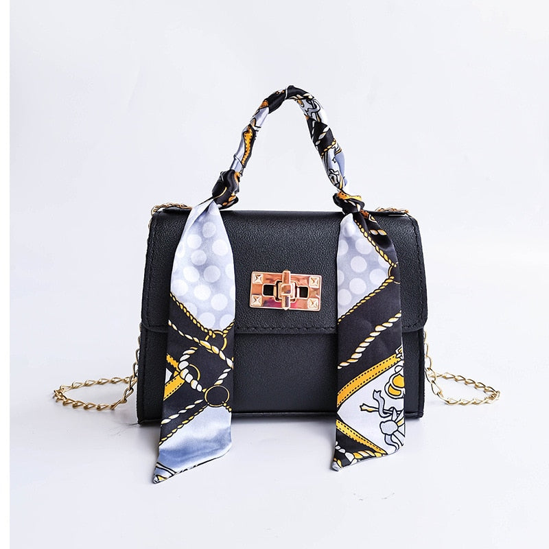 Women Bag New Silk Scarf Lock Chain Square Small Casual Mobile Phone Bag Purses Handbags Luxury Designer Crossbody Side Purse